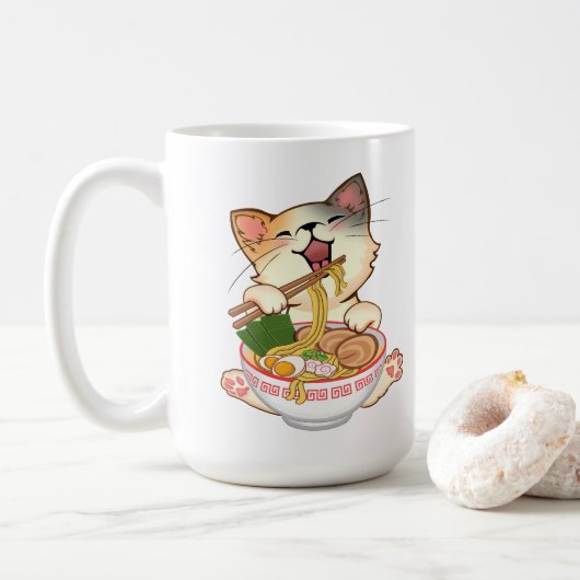 Cute Cat Eating Ramen Funny cartoon Anime kitty Kaffeetasse (Mit Donut)