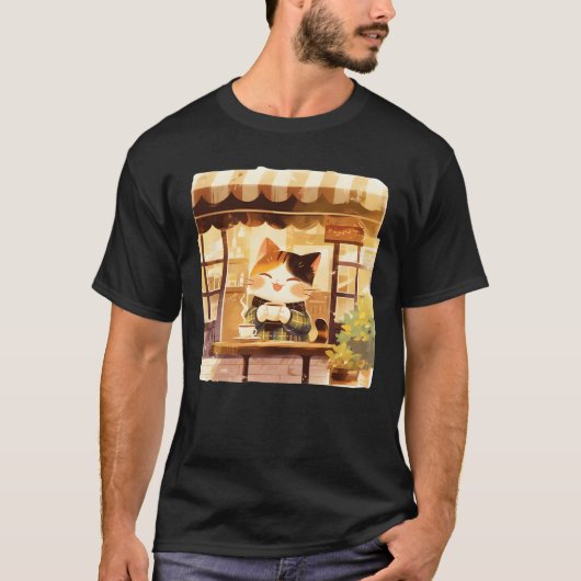 Cute Cat Enjoying Coffee at Cozy Cafe Illustration T-Shirt (Vorderseite)