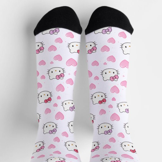 Cute Cat Faces & Hearts Pattern Kawaii Style Socken (Oben)