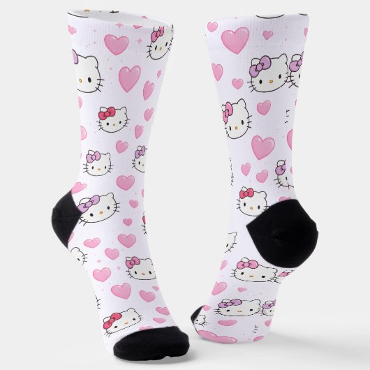 Cute Cat Faces & Hearts Pattern Kawaii Style Socken (Gewinkelt)