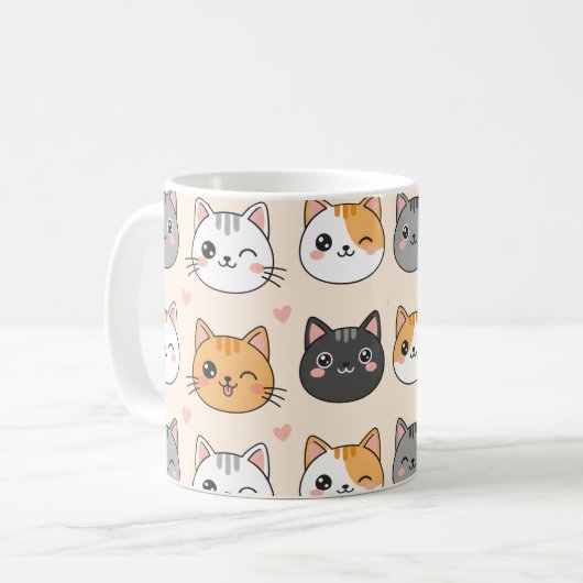 Cute Cat Faces Kawaii Cat Pattern Kaffeetasse (Vorderseite Links)