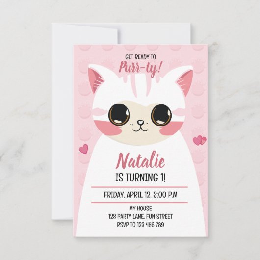 Cute cat first birthday ankündigung (Vorderseite)