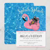 Cute Cat Flamingo Kids Birthday Pool Party Einladung (Vorne/Hinten)