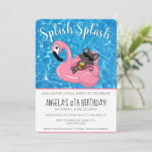 Cute Cat Flamingo Kids Birthday Pool Party Einladung (Stehend Vorderseite)