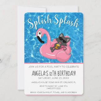 Cute Cat Flamingo Kids Birthday Pool Party Einladung