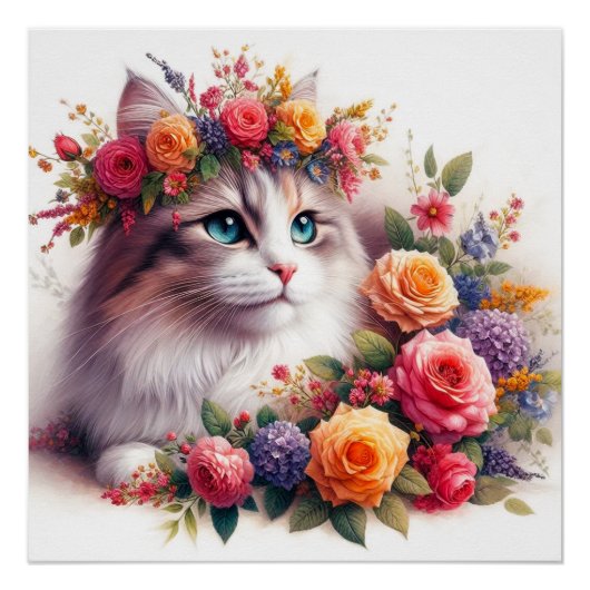 Cute cat flowers painting poster (Vorderseite)