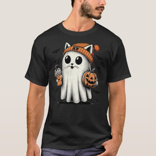Cute Cat Ghost Iced Coffee Funny Ghost Halloween I T-Shirt (Vorderseite)