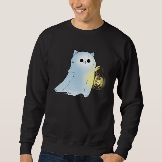 Cute Cat Ghost With Lantern Spook Phantom Hallowee Sweatshirt (Vorderseite)