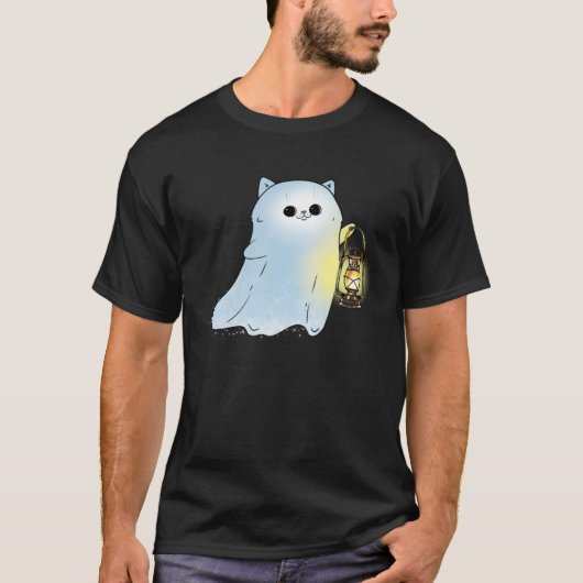 Cute Cat Ghost With Lantern Spook Phantom Hallowee T-Shirt (Vorderseite)