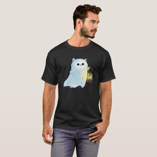 Cute Cat Ghost With Lantern Spook Phantom Hallowee T-Shirt (Vorne ganz)