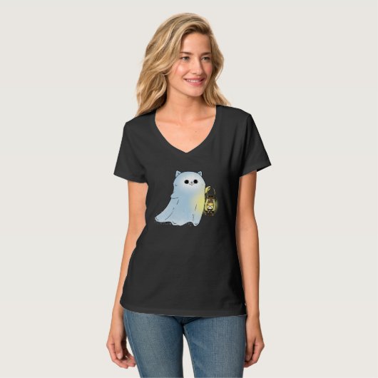 Cute Cat Ghost With Lantern Spook Phantom Hallowee T-Shirt (Vorderseite Vollansicht)