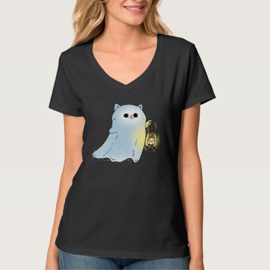 Cute Cat Ghost With Lantern Spook Phantom Hallowee T-Shirt (Vorderseite)
