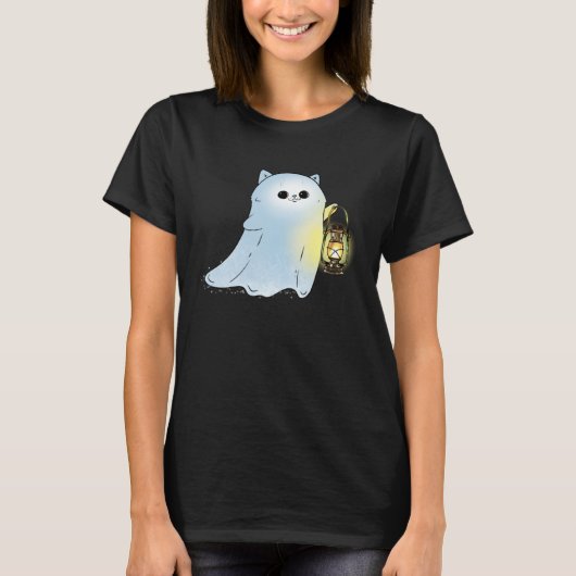 Cute Cat Ghost With Lantern Spook Phantom Hallowee T-Shirt (Vorderseite)