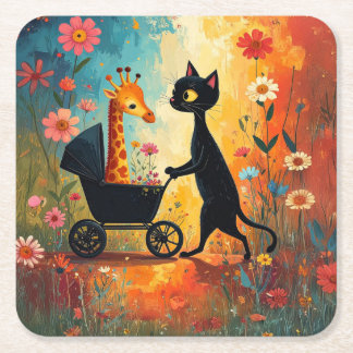 Cute Cat Giraffe Paper Coaster Rechteckiger Pappuntersetzer