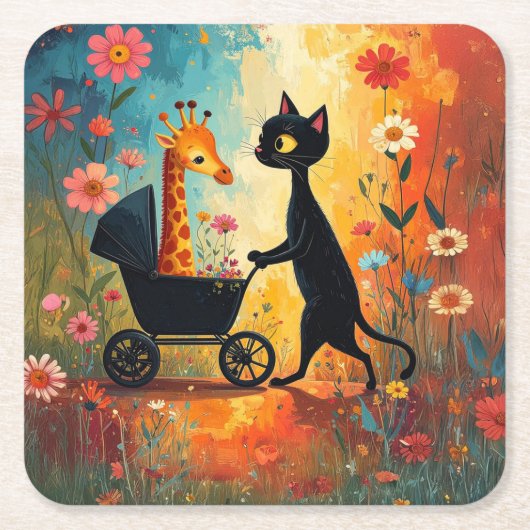 Cute Cat Giraffe Paper Coaster Rechteckiger Pappuntersetzer (Vorderseite)