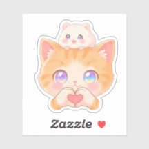 Cute Cat Heart Hands with Hamster on Head Sticker