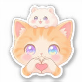 Cute Cat Heart Hands with Hamster on Head Sticker (Vorderseite)