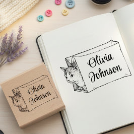 Cute Cat in a Bag Signature Name Wooden Stamp Gummistempel