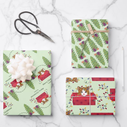 Cute Cat in a Box Here for the Boxes Christmas Geschenkpapier Set (Vorderseite)