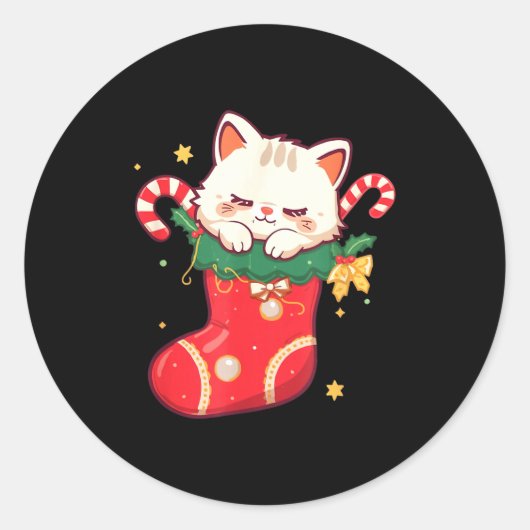 Cute Cat In Christmas Stocking Kawaii Anime Xmas G Runder Aufkleber (Vorderseite)