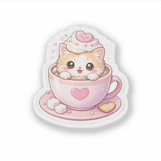 Cute Cat in Coffee Cup Kawaii Sticker (Vorderseite)