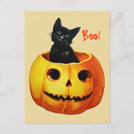 Cute Cat in Pumpkin Vintage Halloween Postcard Postkarte