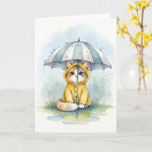 Cute Cat in Raincoat with Umbrella Watercolor Karte (Gelbe Blume)