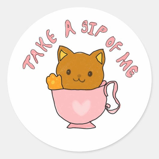 Cute Cat in Teacup Illustration – Take a Sip of Me Runder Aufkleber (Vorderseite)