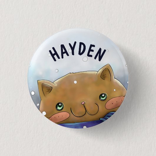 Cute Cat in Winter Personalised Kids Button (Vorderseite)