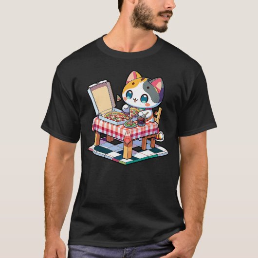 Cute Cat Kawaii On Table Eating Pizza Food T-Shirt (Vorderseite)