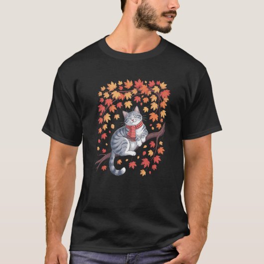 Cute Cat Leaf Fall Tree Hello Autumn Women Men Tha T-Shirt (Vorderseite)