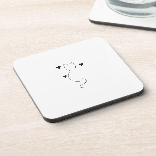 Cute cat line drawing, with three hearts getränkeuntersetzer (Linke Seite)
