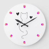 Cute cat line drawing, with three hearts große wanduhr (Vorderseite)