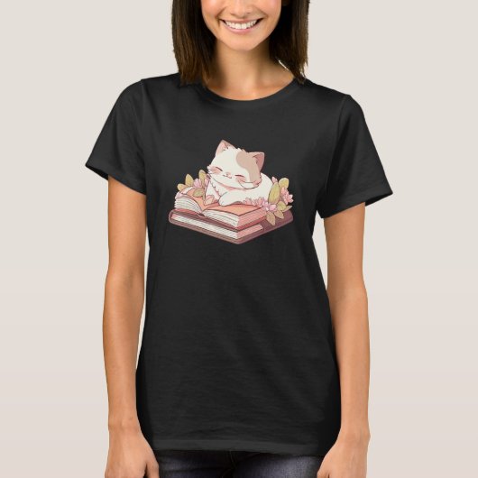 Cute Cat Lying On Opened Book With Flower Aestheti T-Shirt (Vorderseite)