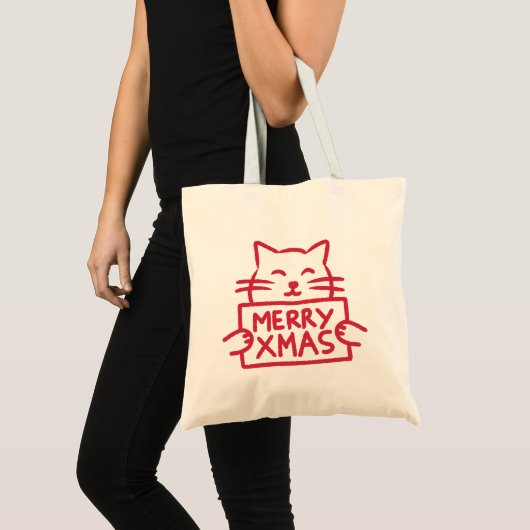 Cute Cat Merry Xmas Tragetasche (Vorderseite (Produkt))