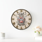 Cute Cat Nom Paw Print Rustic Große Wanduhr (Zuhause)