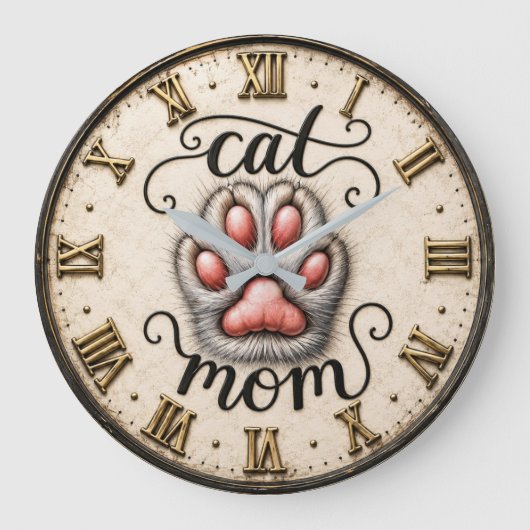 Cute Cat Nom Paw Print Rustic Große Wanduhr (Vorderseite)
