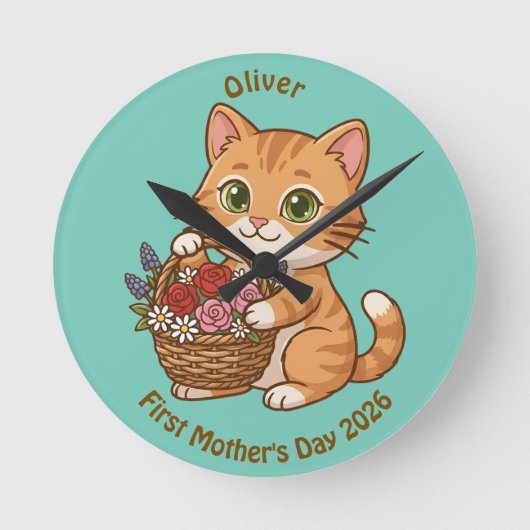 Cute Cat Nursery Wall Clock: Baby Gift Runde Wanduhr (Vorderseite)