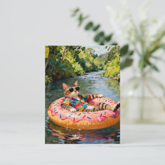 Cute Cat on a Float Trip Postkarte (Stehend Vorderseite)