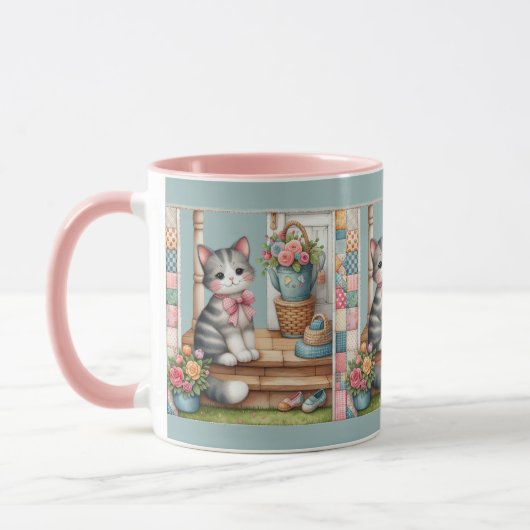 Cute Cat on Porch with Flowers & Patchwork Tasse (Links)