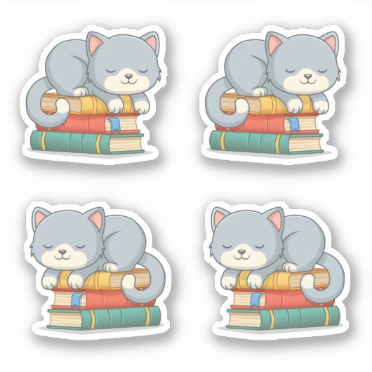 Cute Cat on top of Stack of Books, Set of 4 Aufkleber (Vorderseite)
