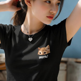 Cute Cat Peeking from Pocket Minimalist Black T-Shirt