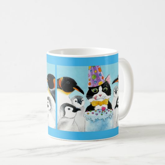 Cute cat penguin birthday party mug kaffeetasse (VorderseiteRechts)