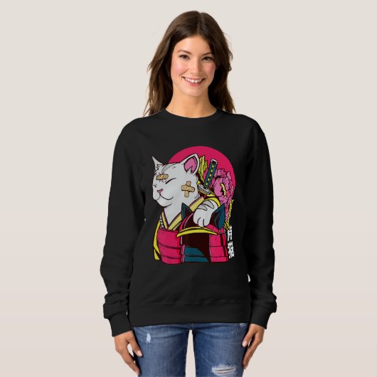 Cute Cat Pet Ninja Samurai Japanese Kanji Design Sweatshirt (Vorne ganz)