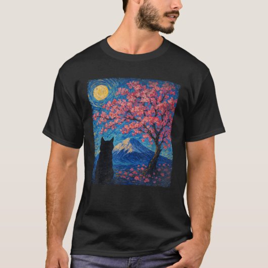 Cute Cat Sakura Cherry Blossom Tree Mount Fuji Sta T-Shirt (Vorderseite)