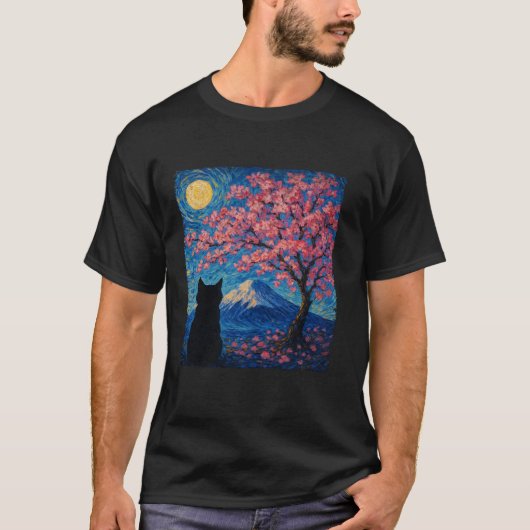 Cute Cat Sakura Cherry Blossom Tree Mount Fuji Sta T-Shirt (Vorderseite)