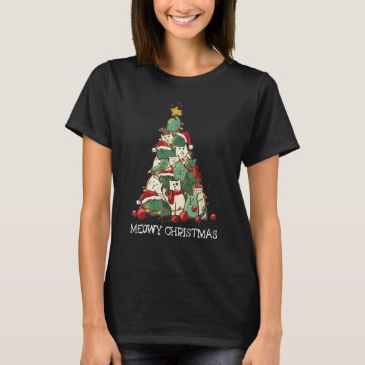 Cute Cat Santa Hat Christmas Tree Cat Meowy Xmas T-Shirt (Vorderseite)