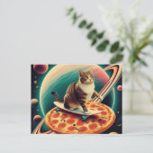 Cute Cat Skateboarding on a Pizza Planet Postkarte (Stehend Vorderseite)