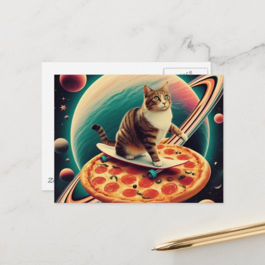 Cute Cat Skateboarding on a Pizza Planet Postkarte (Vorderseite/Rückseite Beispiel)