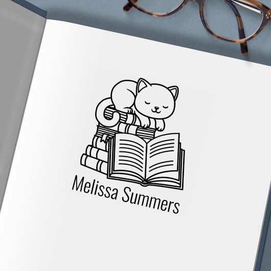 Cute Cat Stack of Books Custom Name Bookplate Permastempel